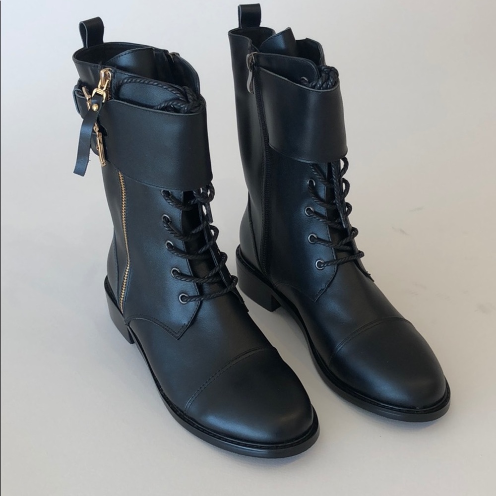 Black leather lace up Moto boots NWOT